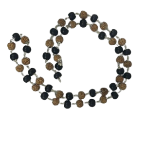 German Silver Rudraksha+Karungali Mala - Eboney Wood 54 Beads Mala Lab Certified